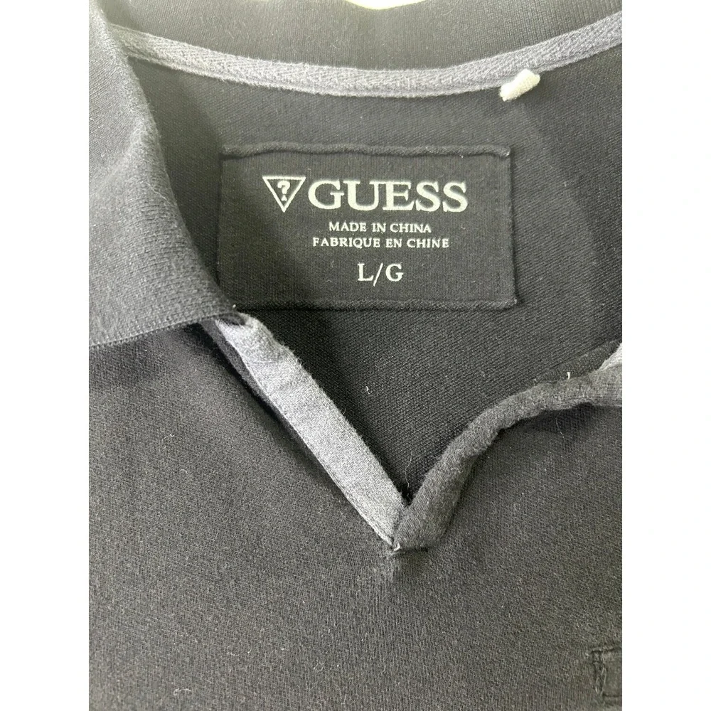 Guess Mens Large Black V-Neck Polo Shirt Short Sleeve Grey Contrast Trim Pique